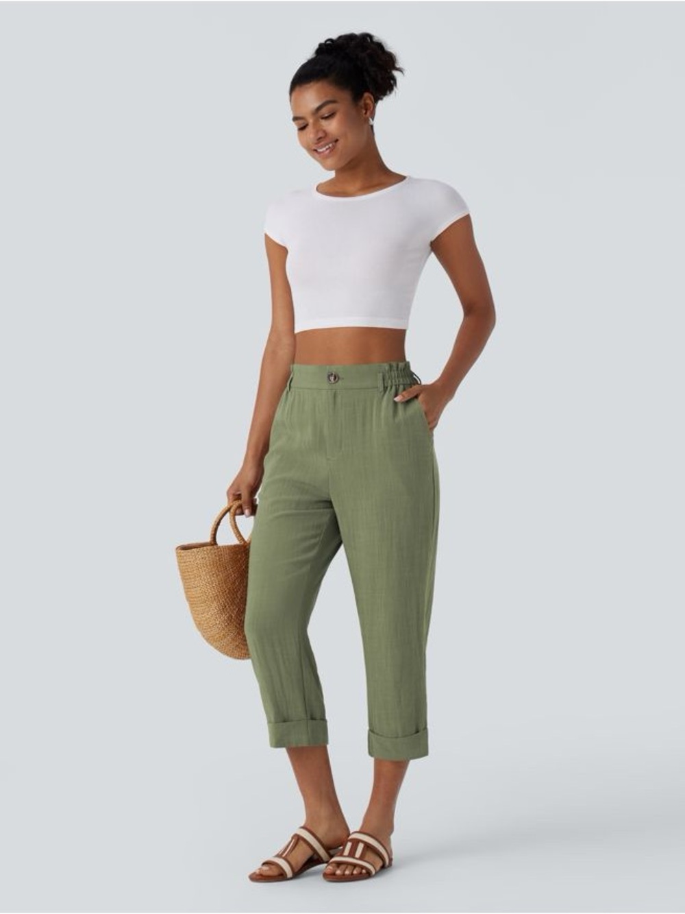 Halara High Waisted  Cropped Pants Sz M Sage Green Minimalist Utility Resortwear